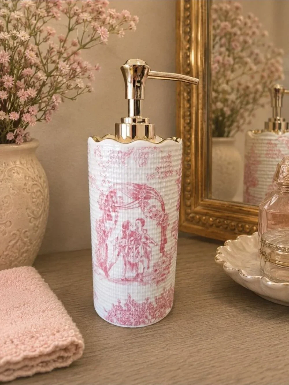New Pink Toile French Country Soap Lotion Dispenser Pump Bathroom Vanity Decor